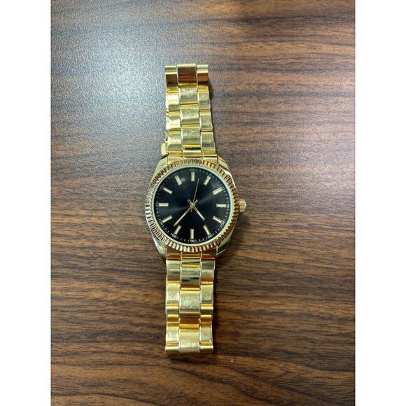 Men's Gold Tone Analog Wristwatch With Black Dial & Stainless Steel Band - Picture 7 of 8